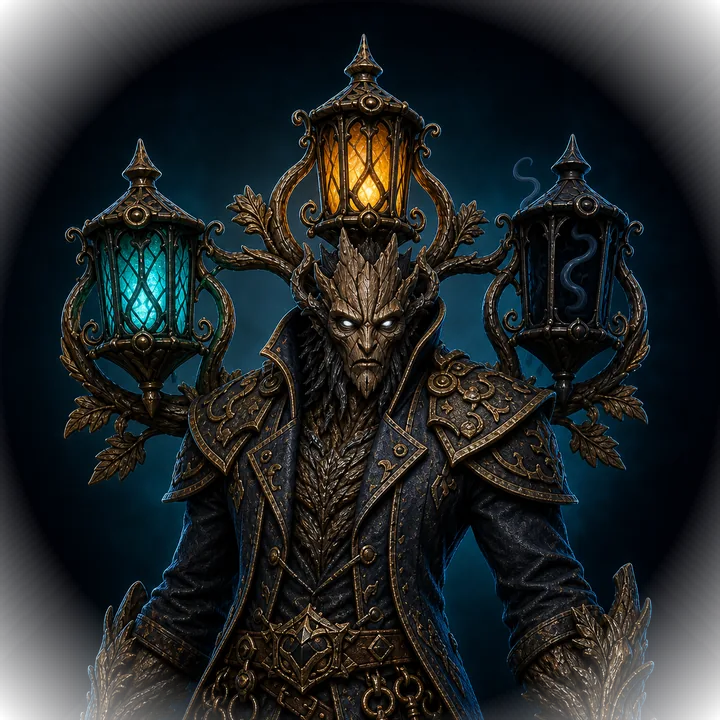 The Lantern Keeper, a bark-armoured figure carrying three wrought lanterns, one lit amber, one lit cyan and one dark