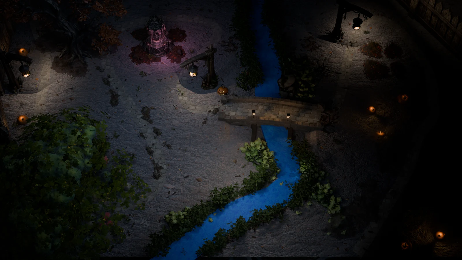 Hollowood Bridge crosses dark water between moonlit banks and overhanging trees