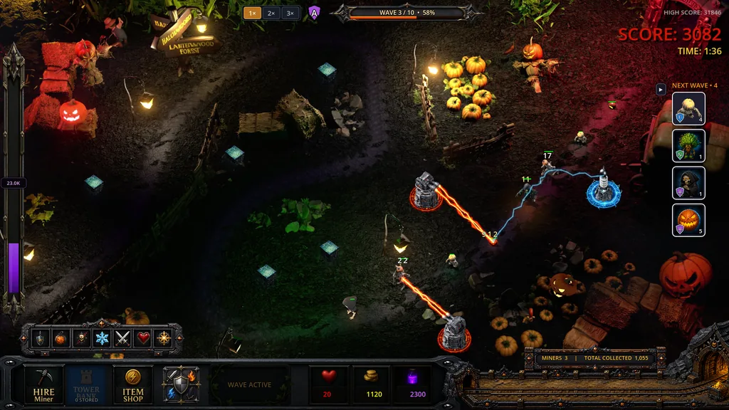 Three towers catching a wave in a crossfire in the pumpkin patch