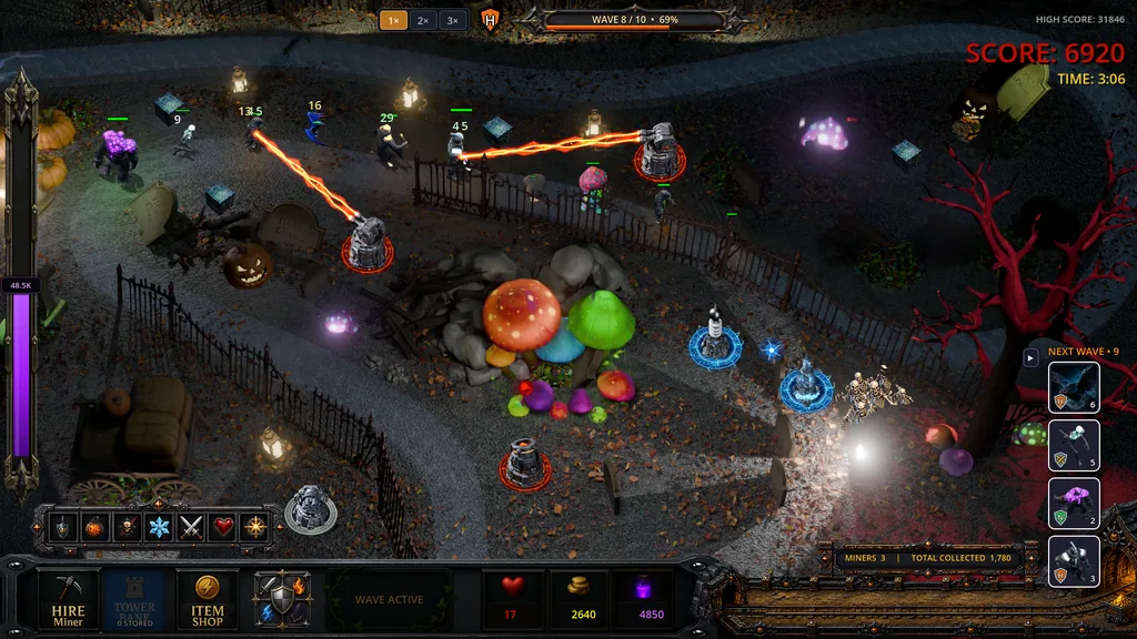 Crossfire in the Candlelit Graveyard as skeletons cross the path